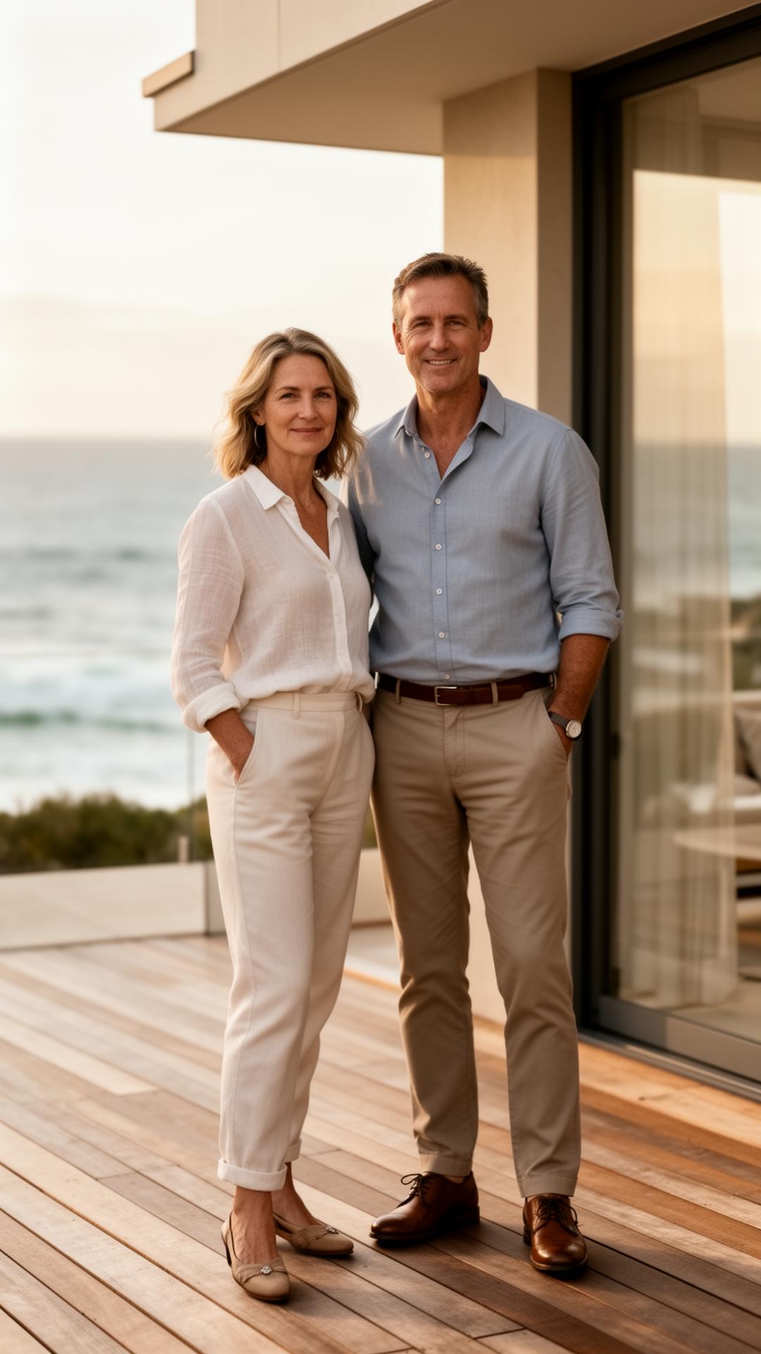 Samantha and Steve Young, founders of Special Stays, on the deck of a coastal home