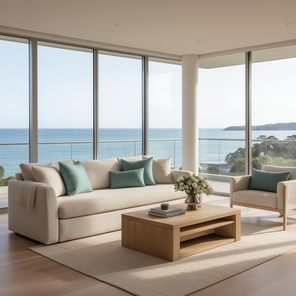 Beautifully presented coastal living room with waterfront view